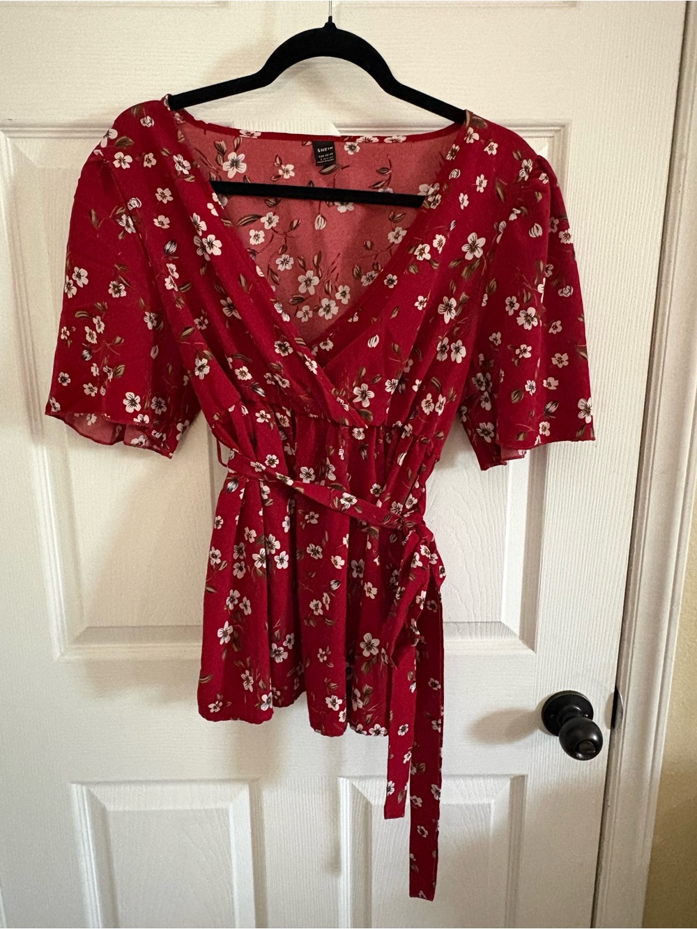 SHEIN Red Floral Wrap Tunic with Tie Waist